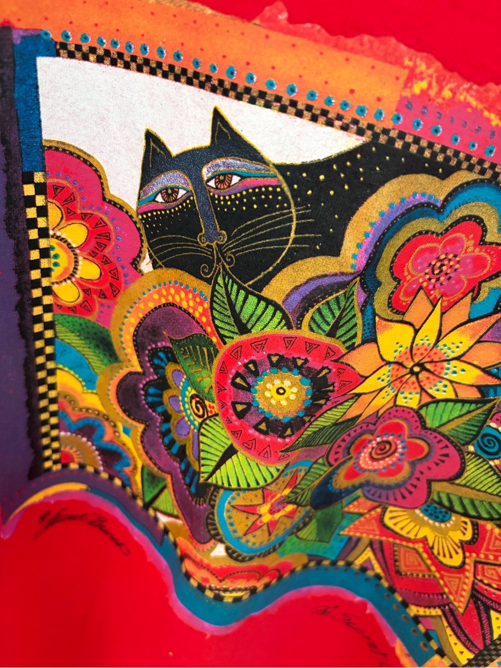 Vintage Laurel Burch Red Cat Floral Cover Up Dress OSFM Art Tee Beach Baddie - Picture 2 of 8